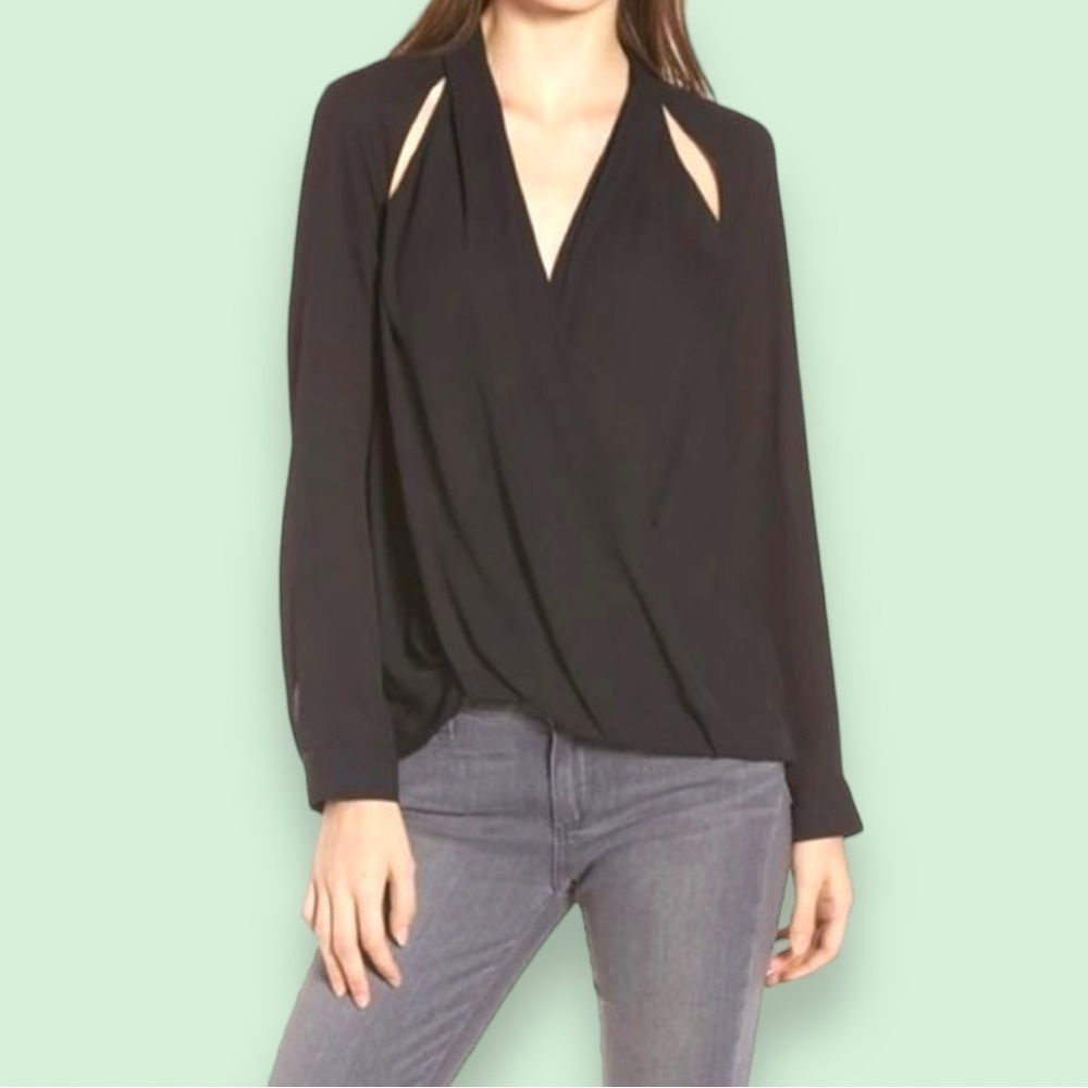 Trouve Draped Surplice Shoulder Cut Out Blouse, Black, Size Small